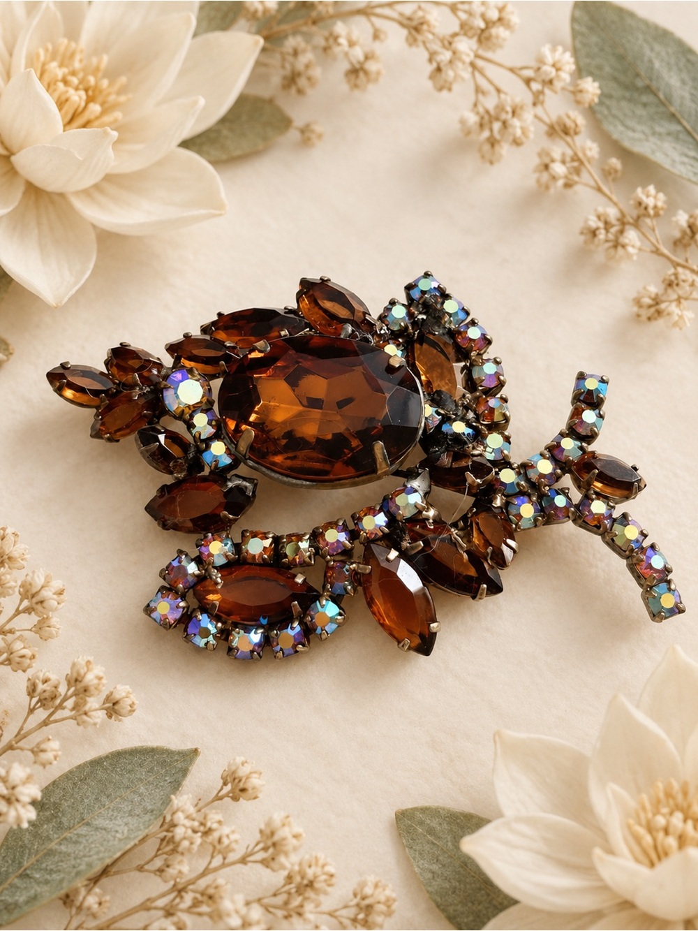 Vintage 1950s–60s Amber Rhinestone Statement Brooch